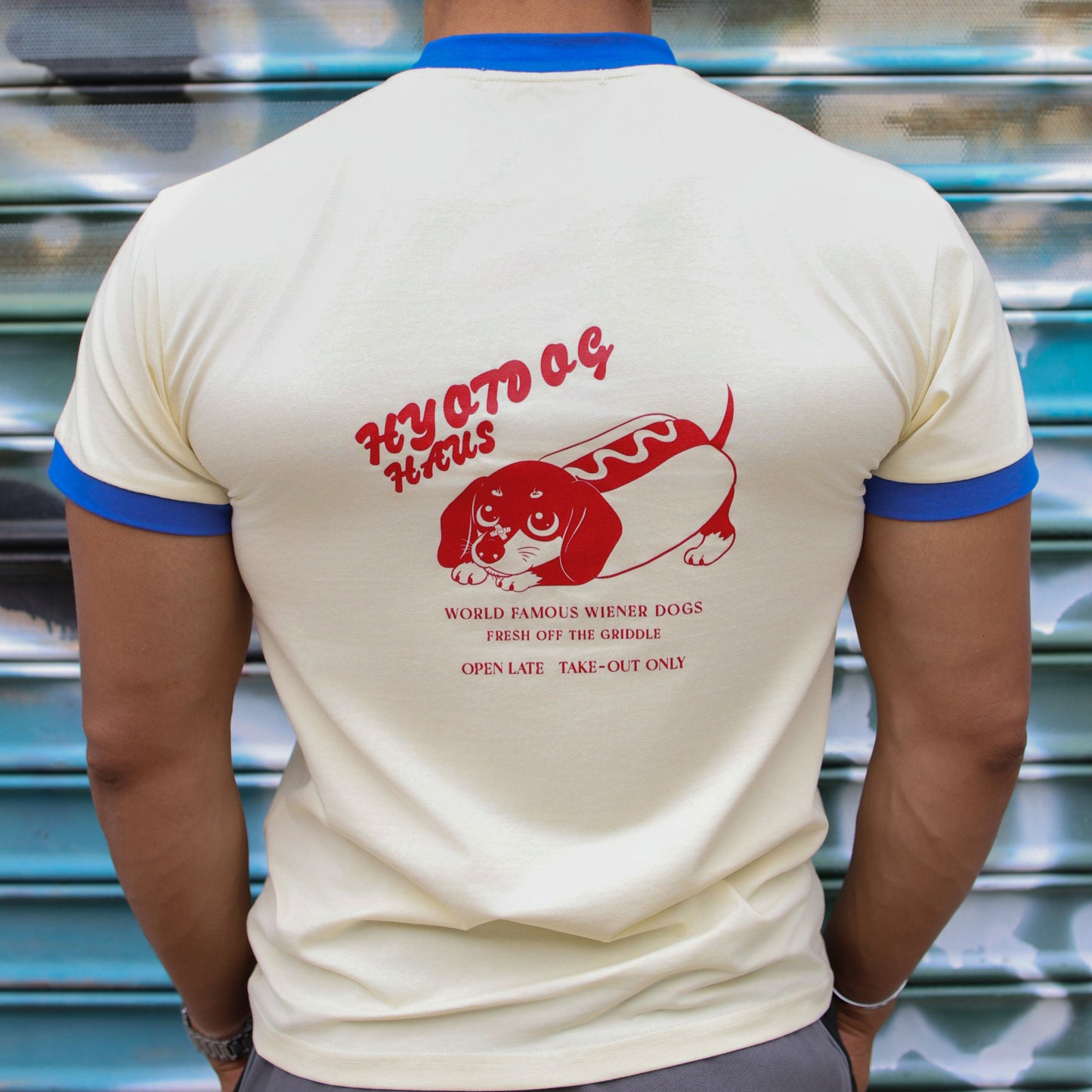Hyotdog Ringer Tee - Cream / Cobalt